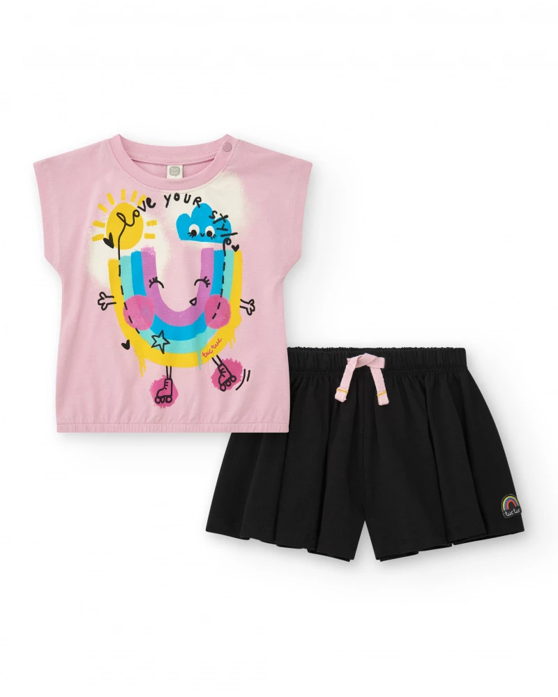 conjunto-para-nina-con-blusa-rosa-y-short-negro-plisado