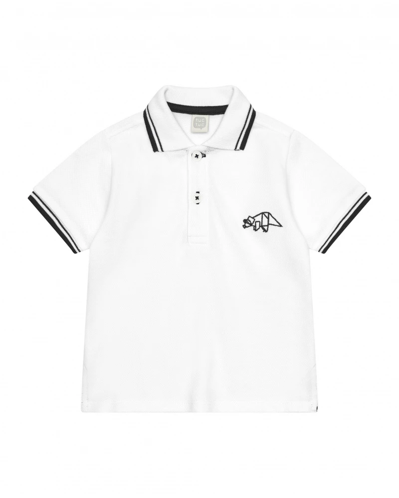 polo-blanco-para-nino-con-ribetes-negros-y-bordado-de-dinosaurio